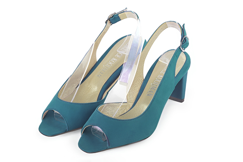 Peacock blue women's slingback sandals. Square toe. Medium comma heels. Front view - Florence KOOIJMAN